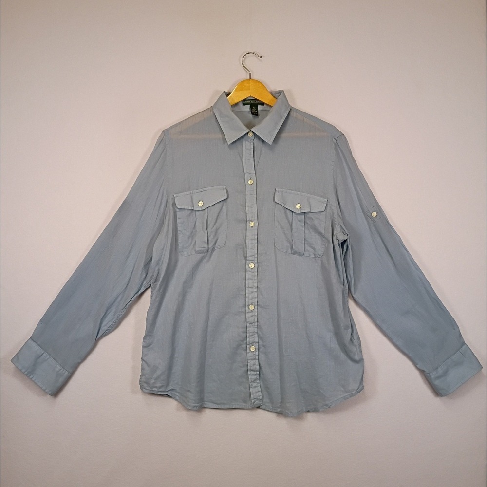 Coastal Lauren Ralph Lauren Womens XL Blue Cotton Roll Tab Utility Shirt